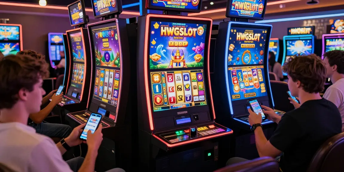 A group of enthusiastic players enjoying HWGSLOT online gaming on various devices, showcasing vibrant slot graphics and interactive gameplay.