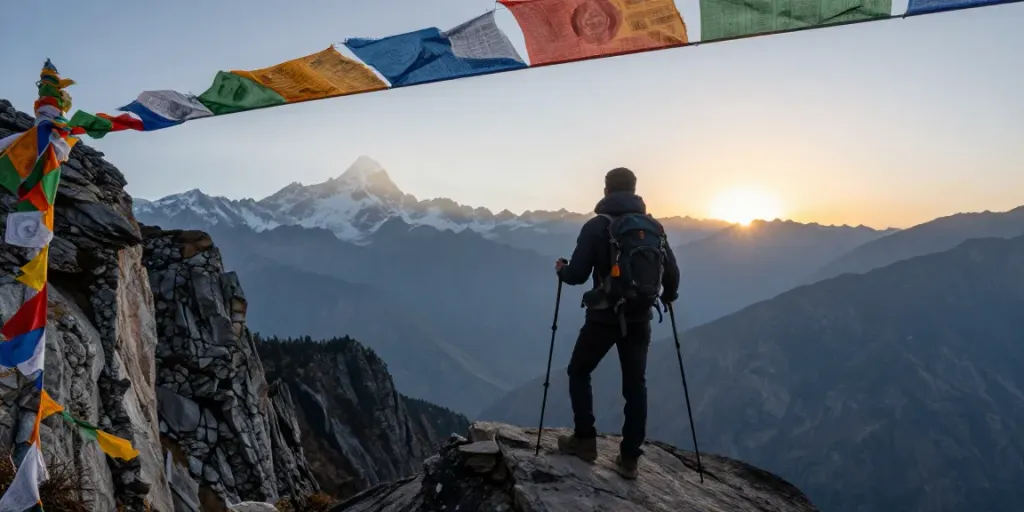 Manaslu Trek adventure with a hiker overlooking the Himalayas at sunrise.
