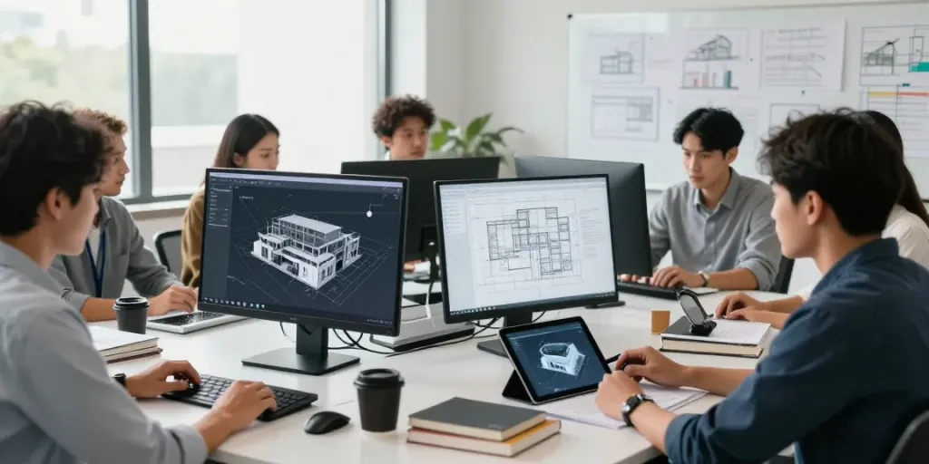 BIM services collaboration among architects and engineers in a modern workspace.