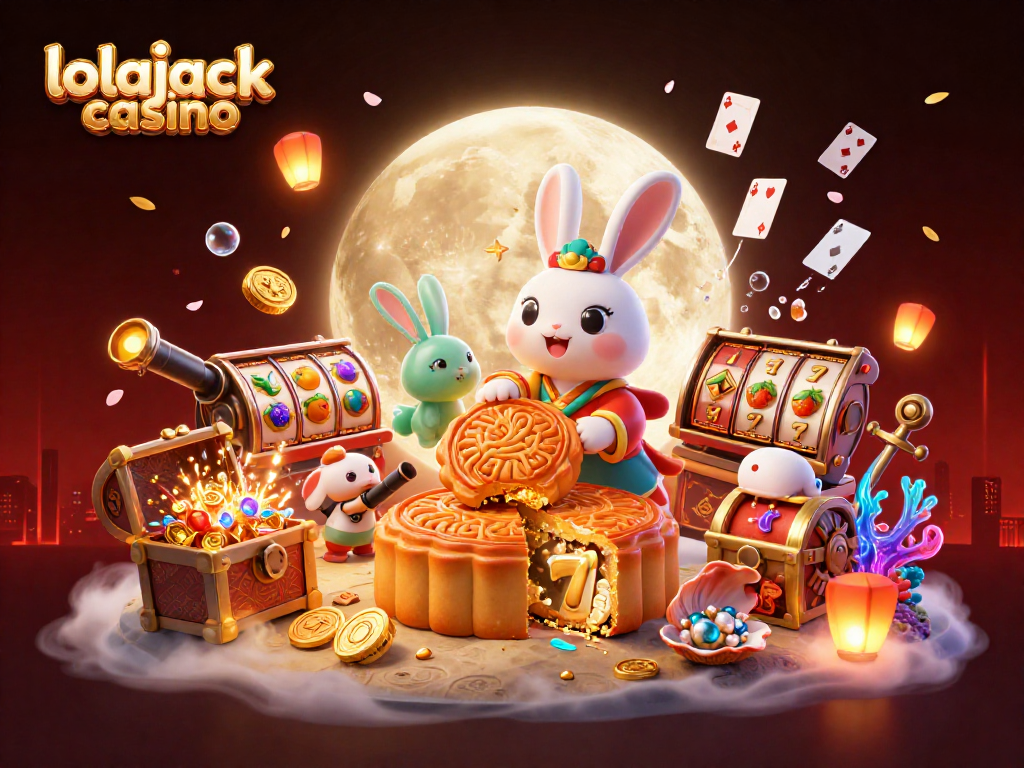 Play exciting games at lolajack casino with a vibrant 3D scene of a moon rabbit revealing poker chips.