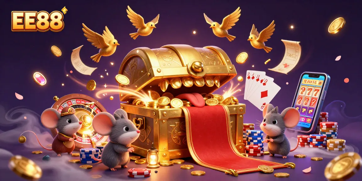EE88 offers an enticing gamble with golden treasures, animated characters, and vibrant casino elements.