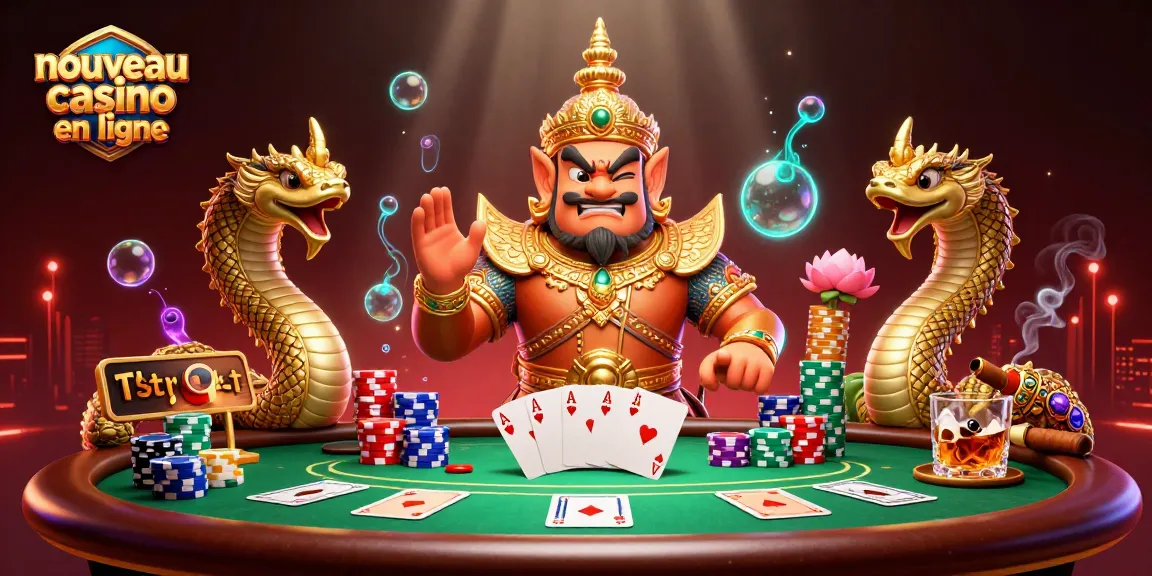 Nouveau casino en ligne : un gardien thaï interactif entouré de jetons de poker et de cartes, offrant une expérience ludique.