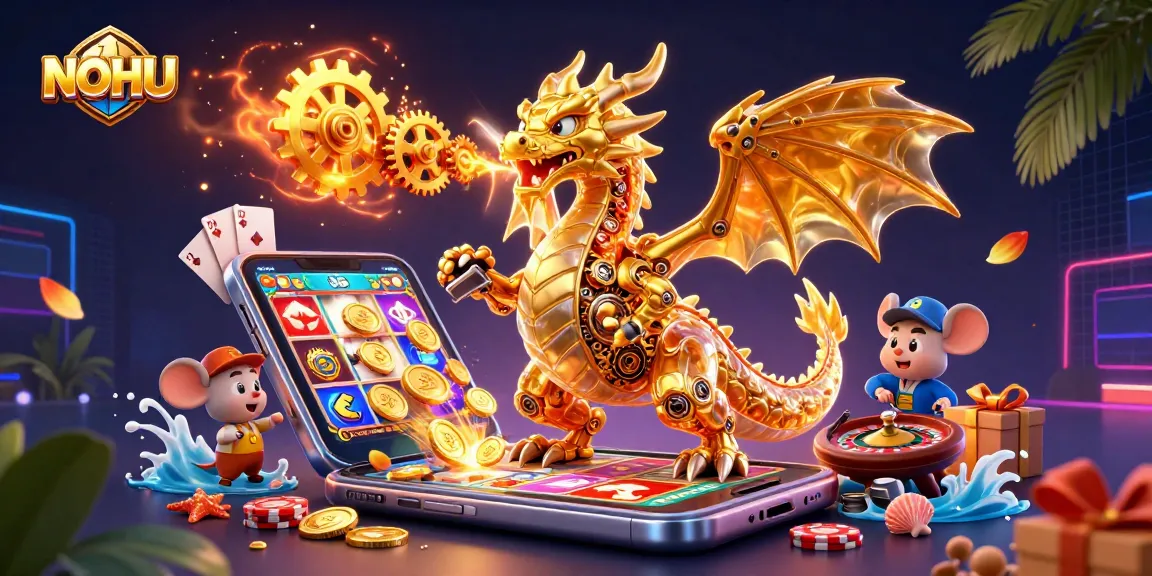Witness NOHU's 3D golden dragon and vibrant casino elements creating thrilling gaming action.
