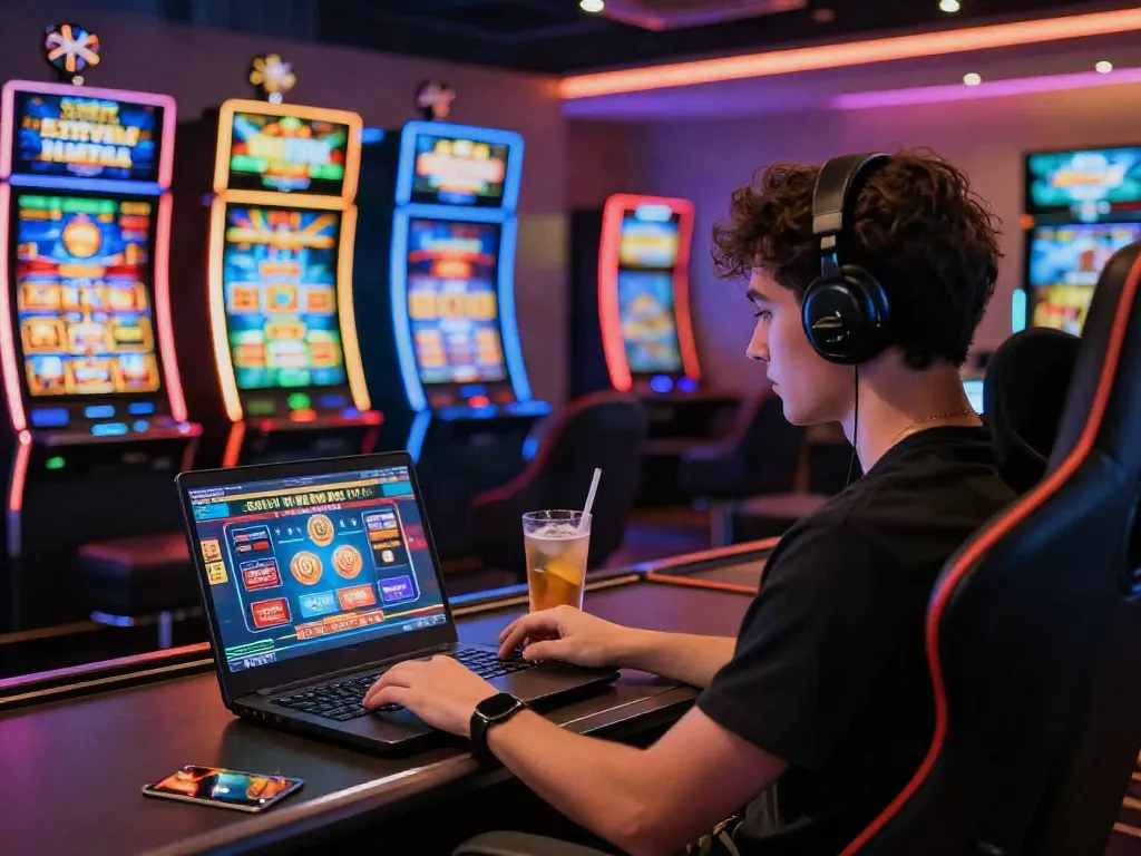 Engaging scene of a player exploring credit card casinos online with vibrant graphics and slot machines.