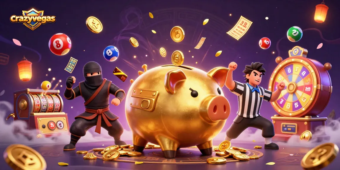 Experience thrilling wins at crazyvegas with a vibrant illustration of a golden piggy bank and casino fun.