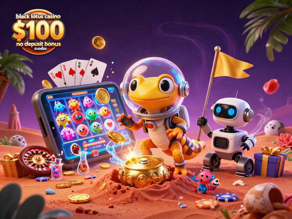 Experience the excitement of black lotus casino $100 no deposit bonus codes with this vibrant 3D illustration, showcasing dynamic gaming elements.