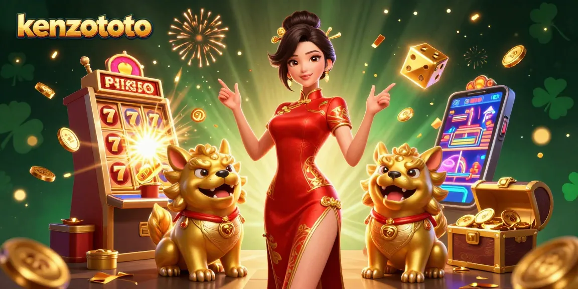Kenzototo showcases an Asian woman amidst fireworks and lottery symbols, embodying thrilling gaming excitement.
