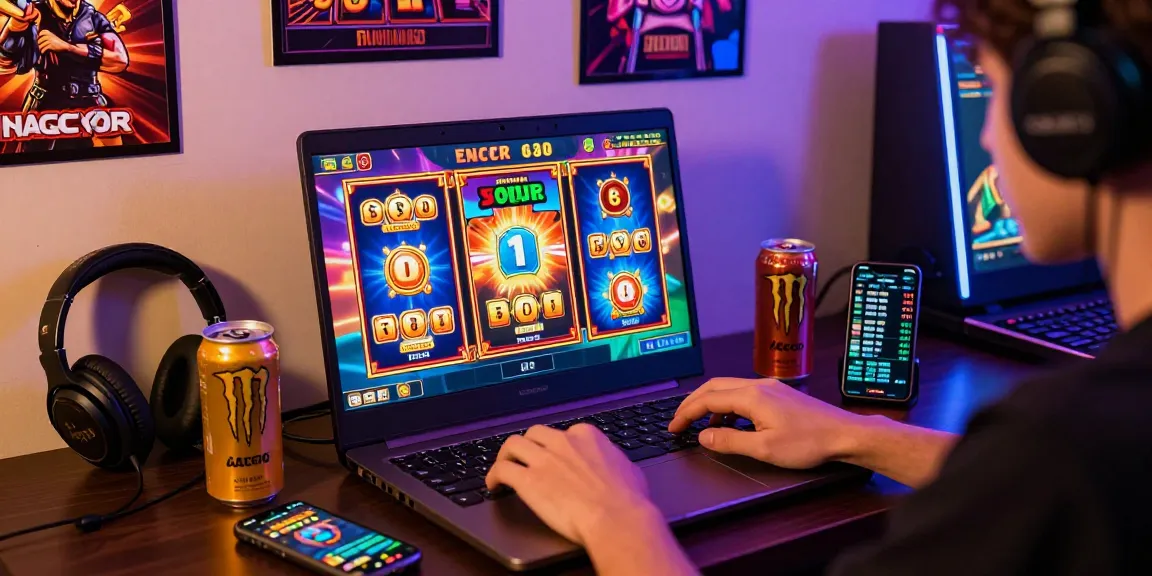 Exciting online gaming scene featuring a laptop with slot gacor games, colorful graphics, and engaging atmosphere.