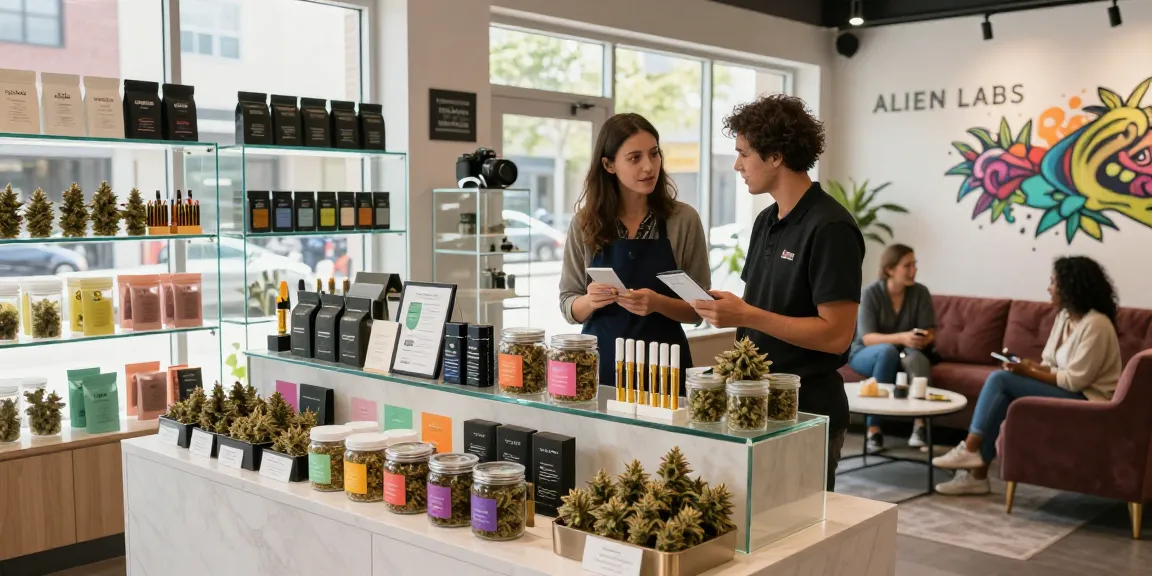 Alien Labs cannabis retail showcasing premium exotic strains and vapes in a modern vibrant atmosphere