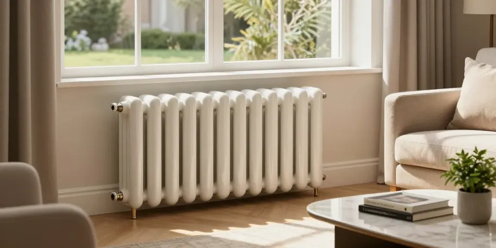 Cozy living room featuring a ceramic radiator, warm lighting, and potted plants creating a welcoming atmosphere.