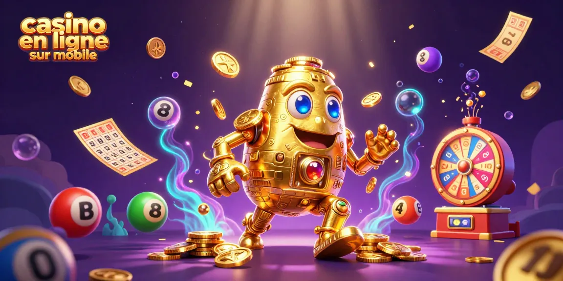 Profitez de la chance avec casino en ligne sur mobile, entouré de symboles et objets de jeu colorés.