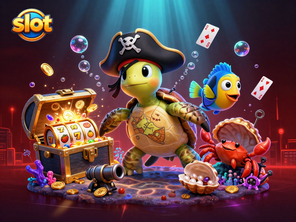 Slot permainan dengan simbol buah dan gulungan di antara penyu bajak laut dan krustasea di harta karun.
