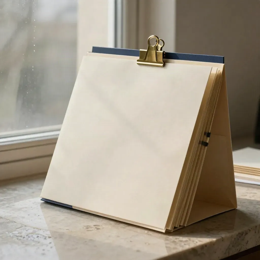 Cream setup dossier stack with folders, envelope, clip, and index cards on rain-washed limestone.