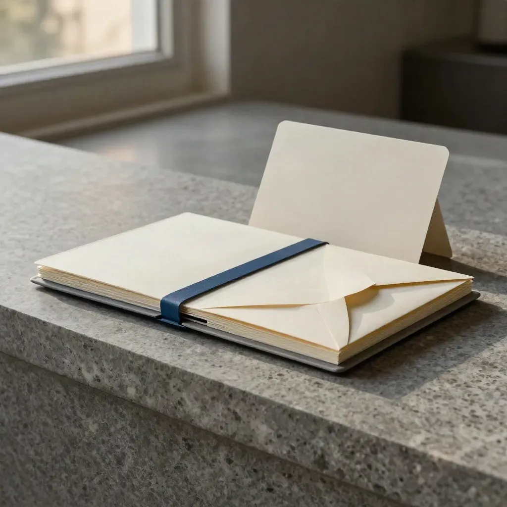 Support bundle of planner block, folder, tabs and envelope on a stone ledge