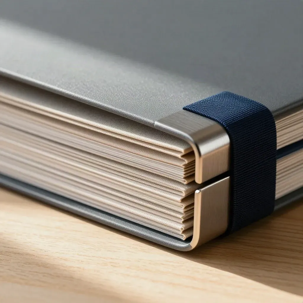 Macro of navy folders and dividers resting in linen on raw wood