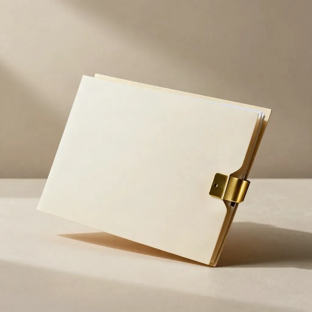 Cream folders, folded sleeve and brass clip floating against warm plaster light.