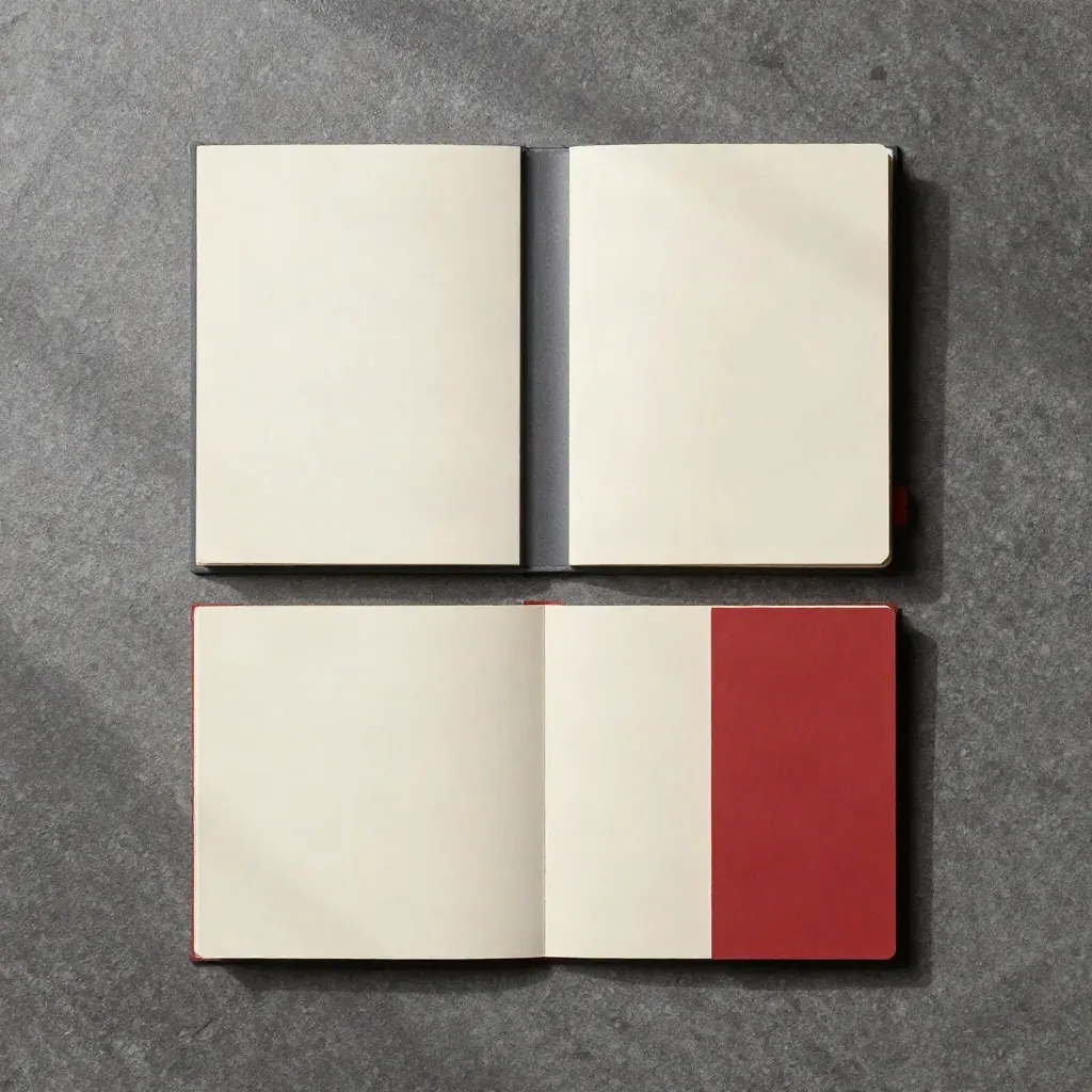 Overhead flatlay of folder sleeves and desk cards on damp grey stone with a small red accent.