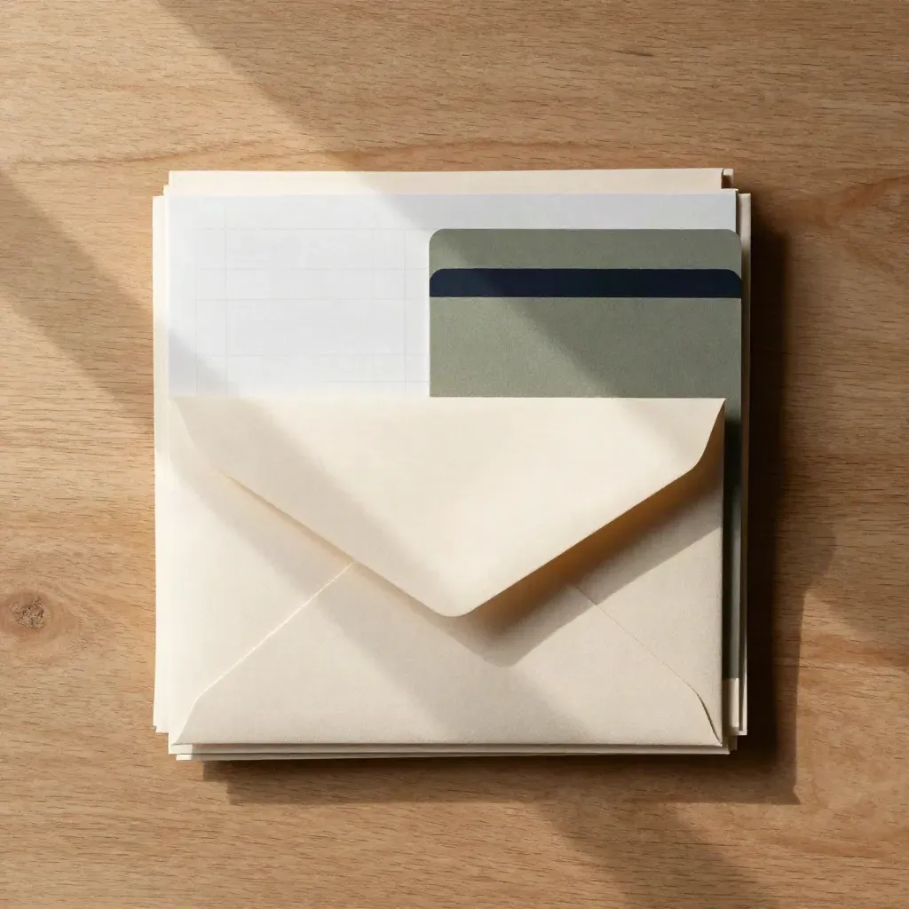 Overhead flatlay of envelopes, sleeves, and a sealed card holder on matte oak.