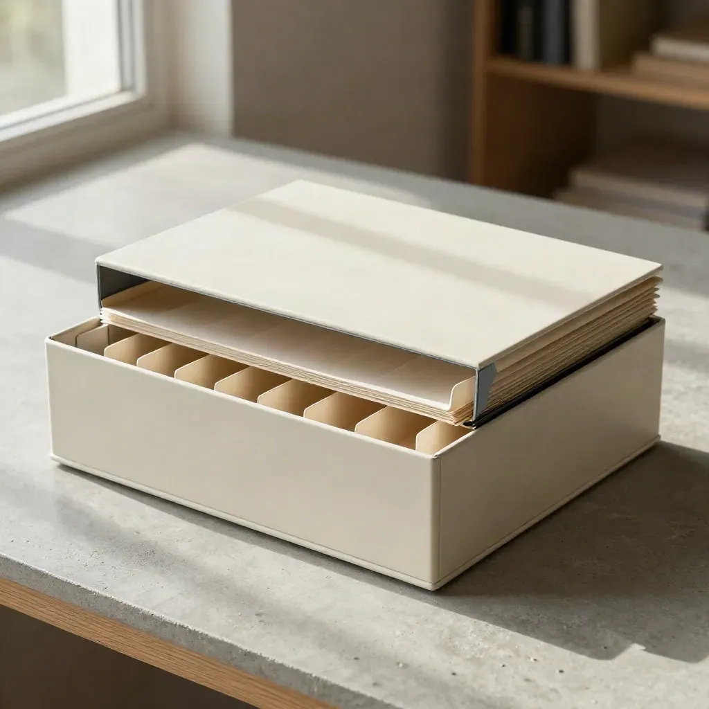 Pale filing kit and archive box on brushed concrete with soft blue accents.