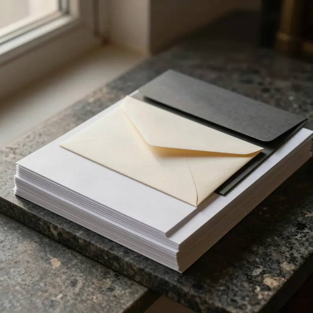 Blank briefing cards, envelope and folder spine on dark stone in dramatic side light.