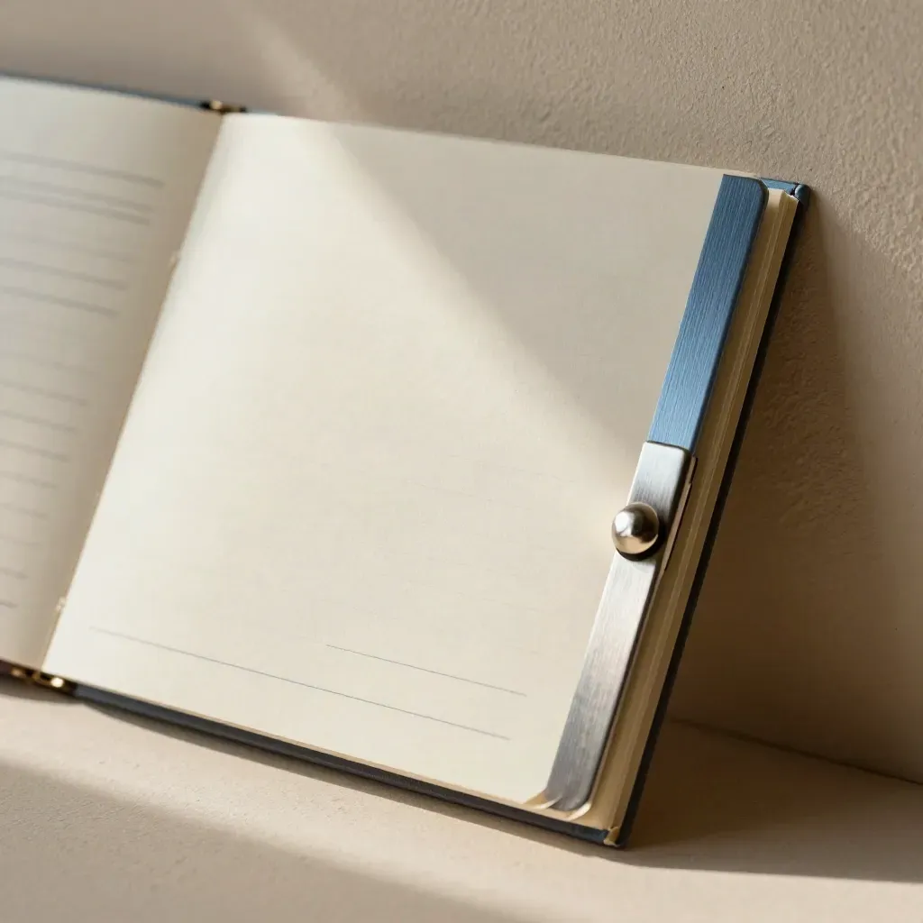 Macro of blank ledger sleeves, folded cover and steel clip against warm plaster.
