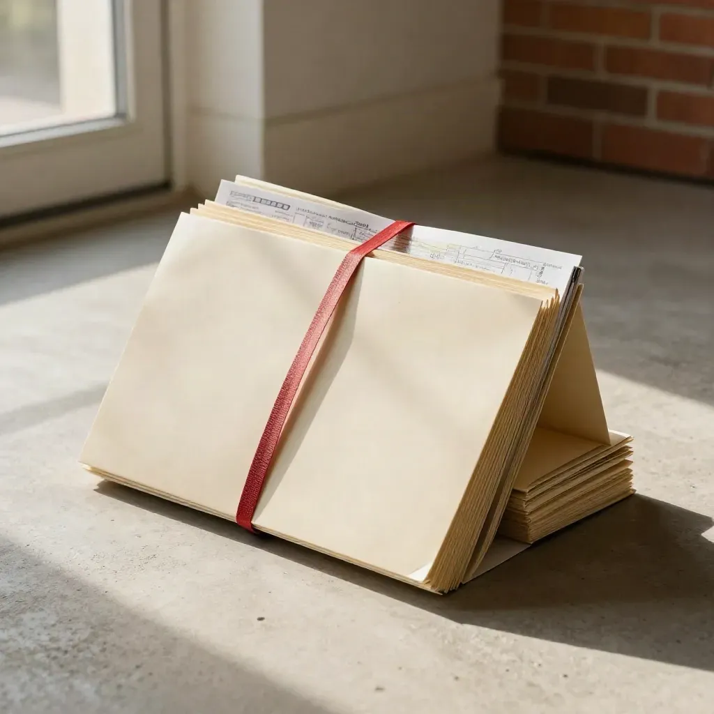 Moving-day plan pack with folders, cable ties, and folded map sheet on pale concrete