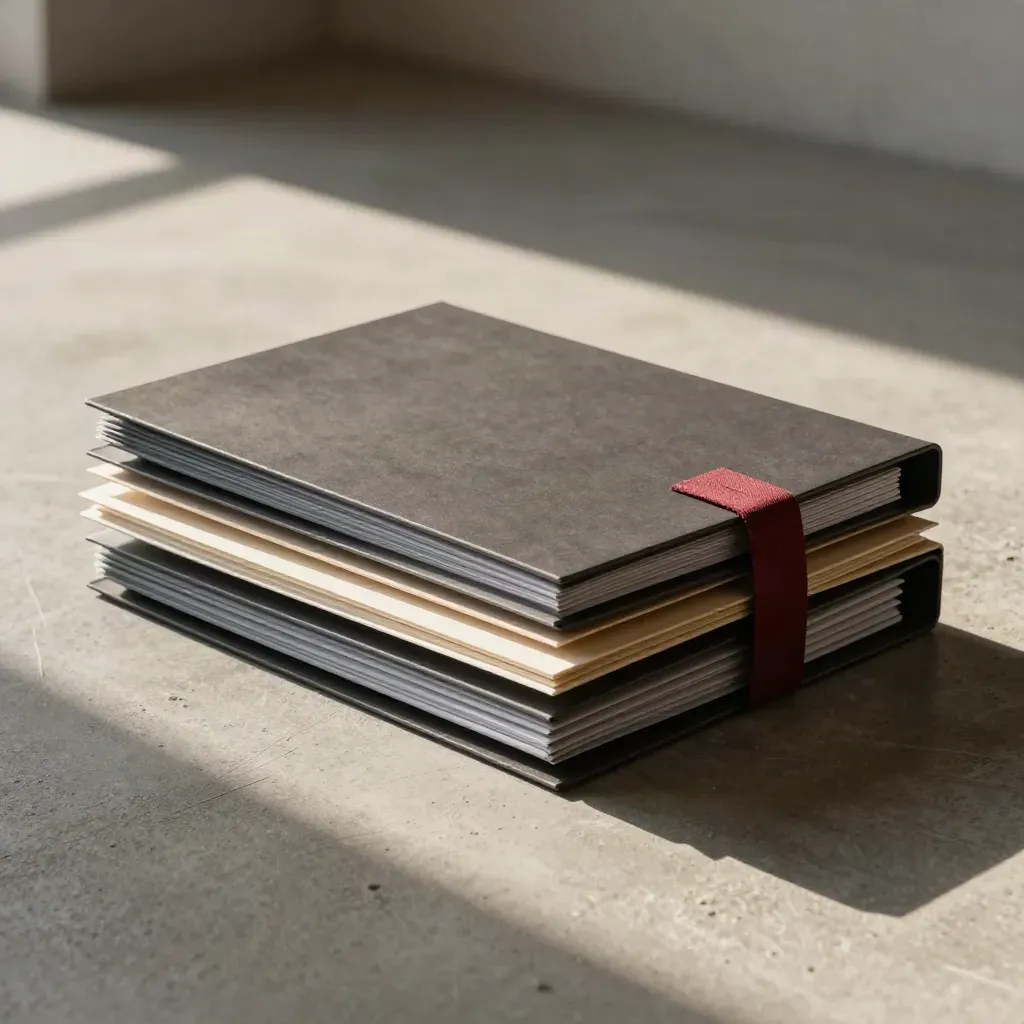 Sofia office setup kit with folders, cable wraps, and a folded board on concrete, lit dramatically.