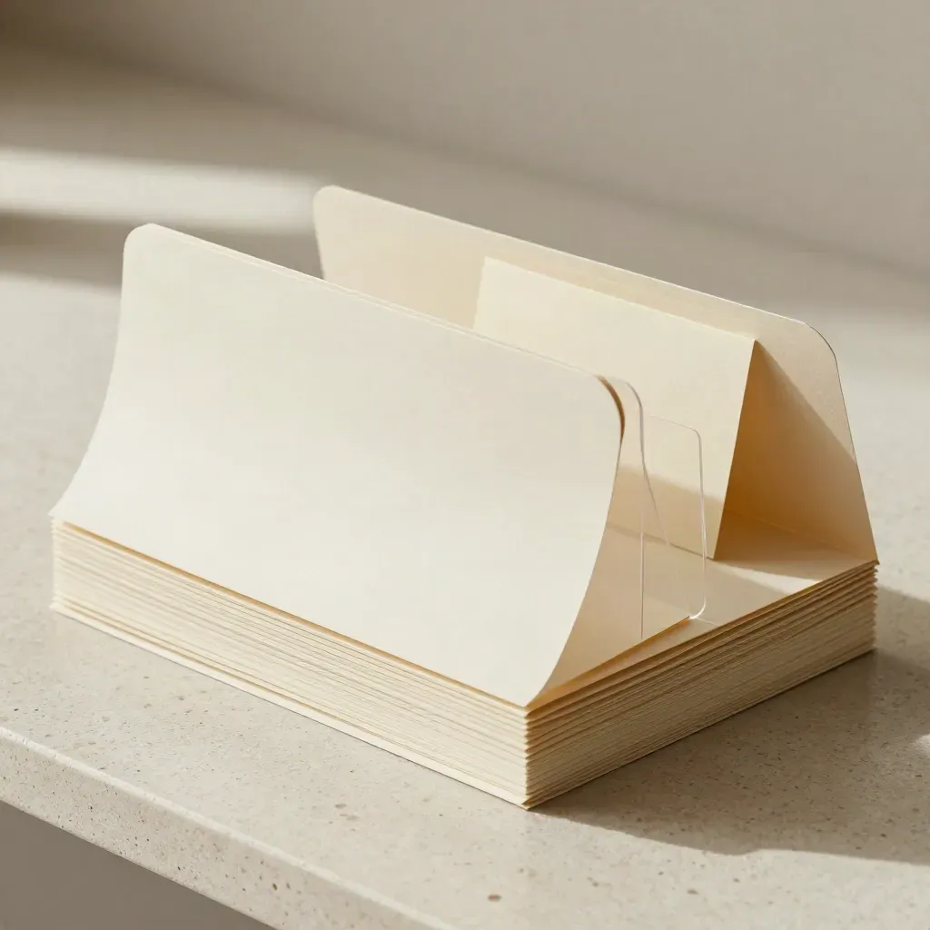 Ivory admin folder bundle with divider and correspondence stack on pale travertine, softly lit.