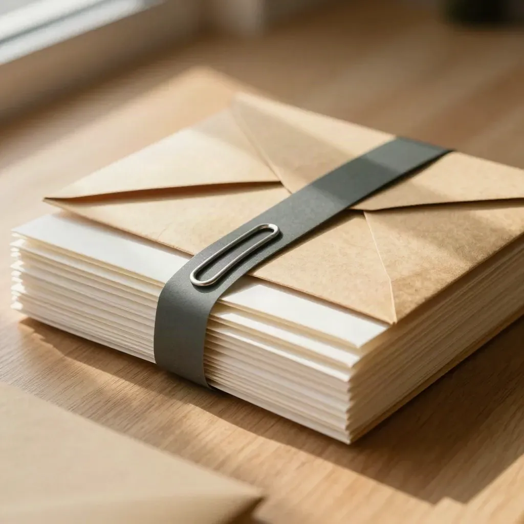 Sealed envelopes, paper sleeves and a paper-clip bar on warm oak with soft navy accent