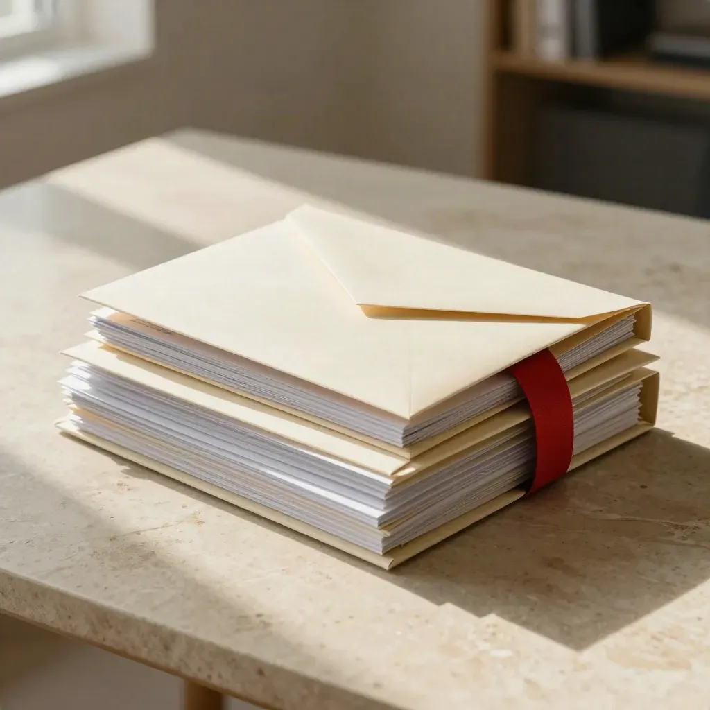 Folders, envelope, and project files on a stone table in warm light.