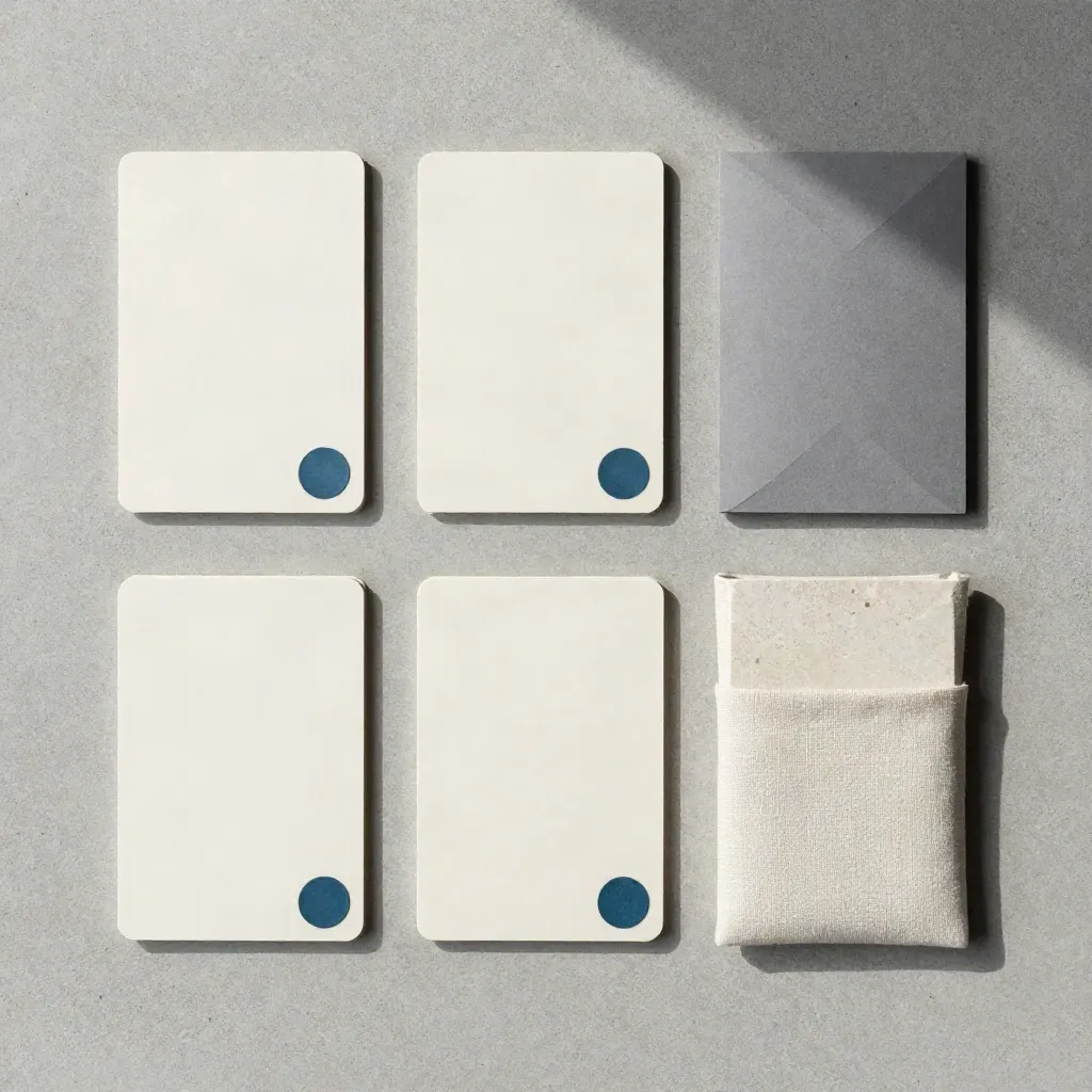 Overhead flatlay of blank cards, steel-blue chips, and a folded sleeve on concrete