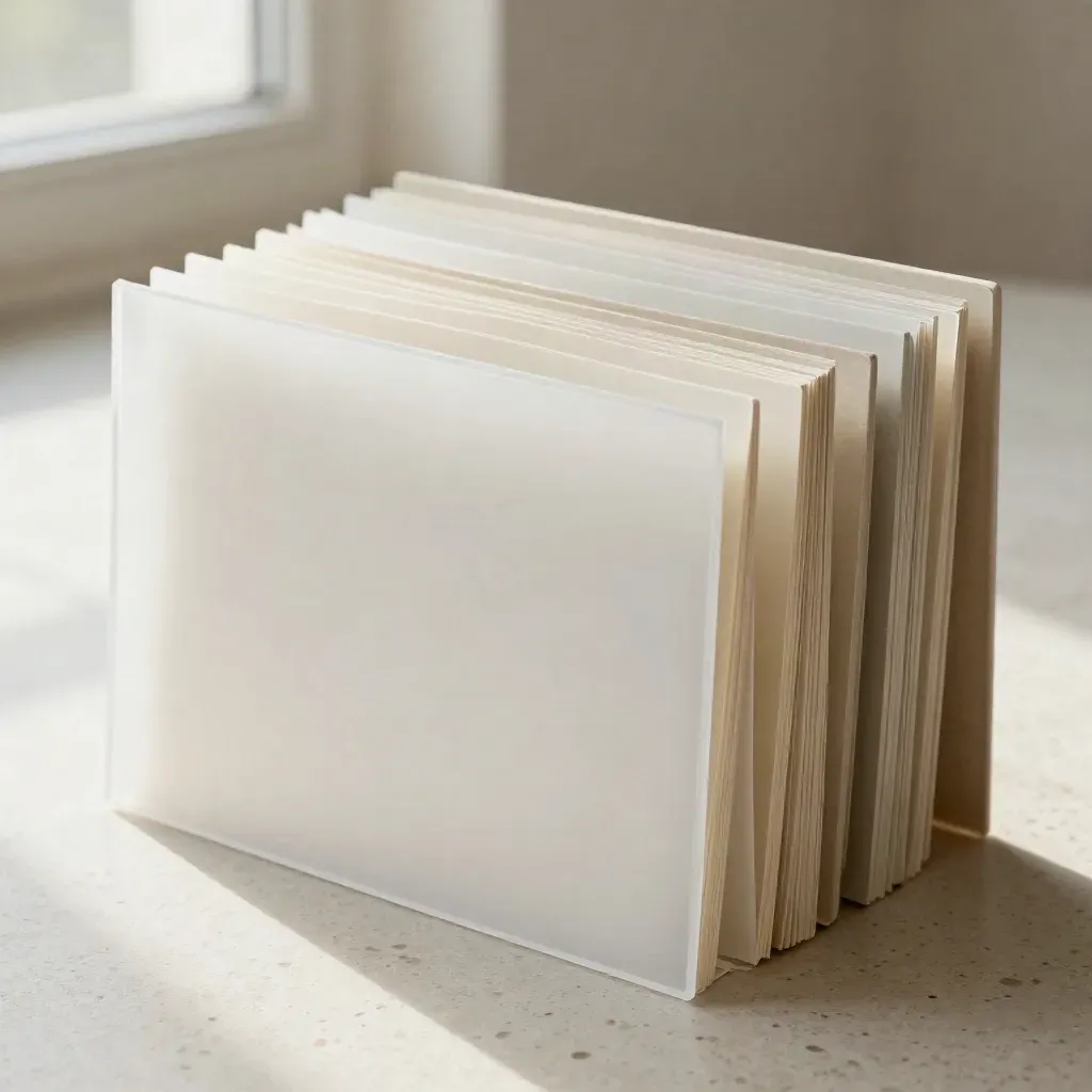 Macro of frosted dividers, matte folders, and layered planning tiles on pale stone.