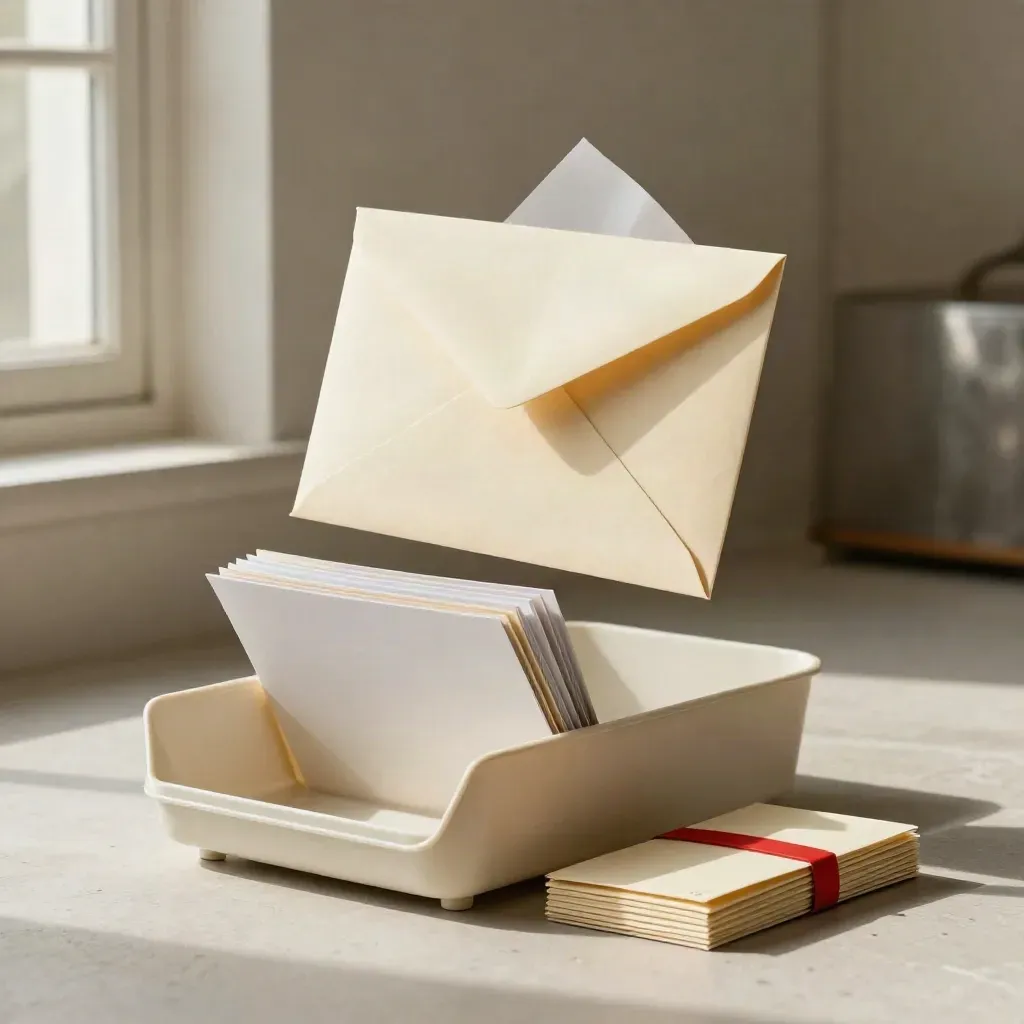 Hero bundle of trays, envelopes and sleeves on pale plaster with a red card.
