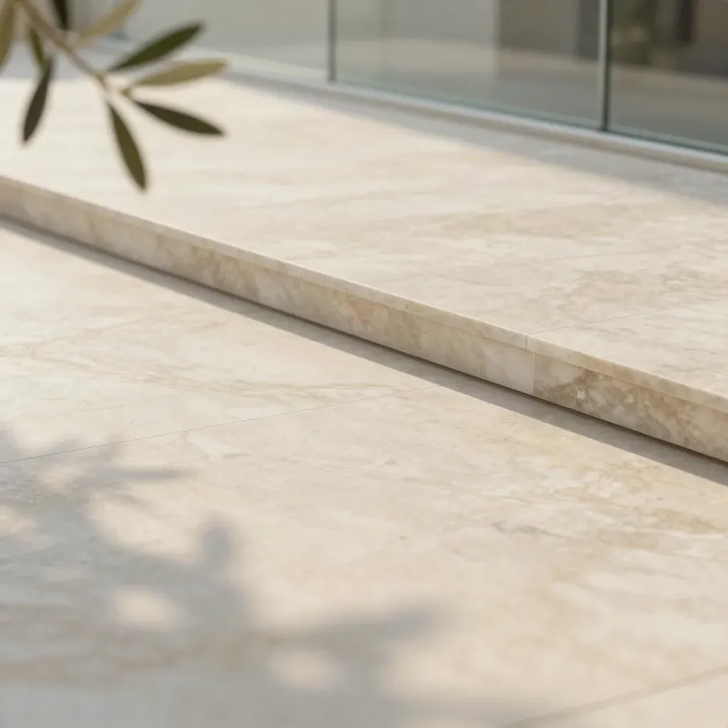 Sunlit marble terrace with olive branch and soft glass reflections