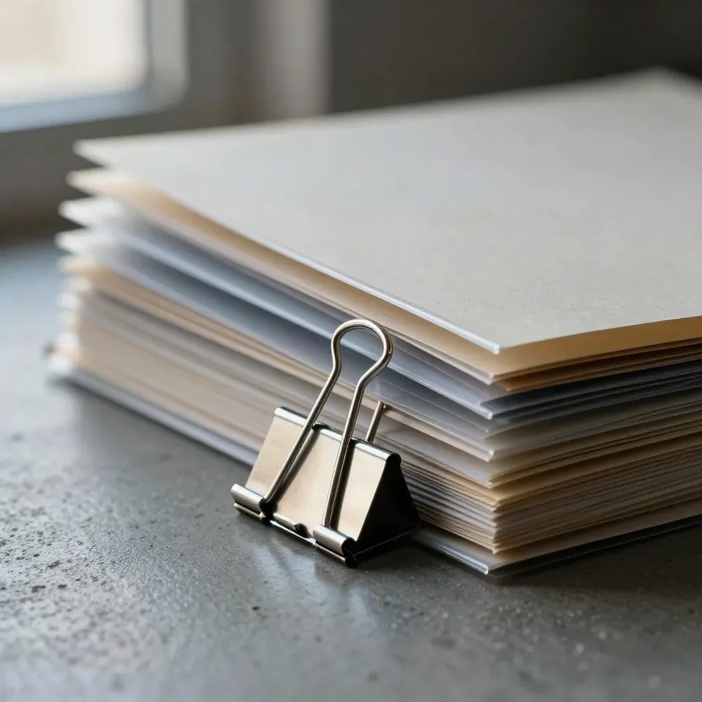 Macro of archival sleeves, binder clips, and a neutral folder block on dark stone.