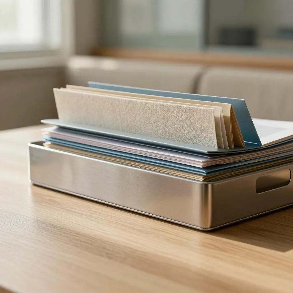 Oak ledge with frosted glass, linen bench and steel-blue folders in soft midmorning light.