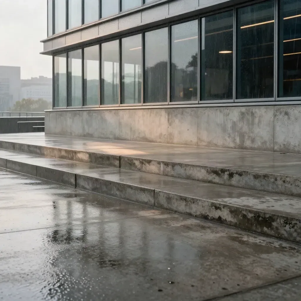Wet concrete stair landing beside glass offices, with a blurred city ridge and calm copy space below.
