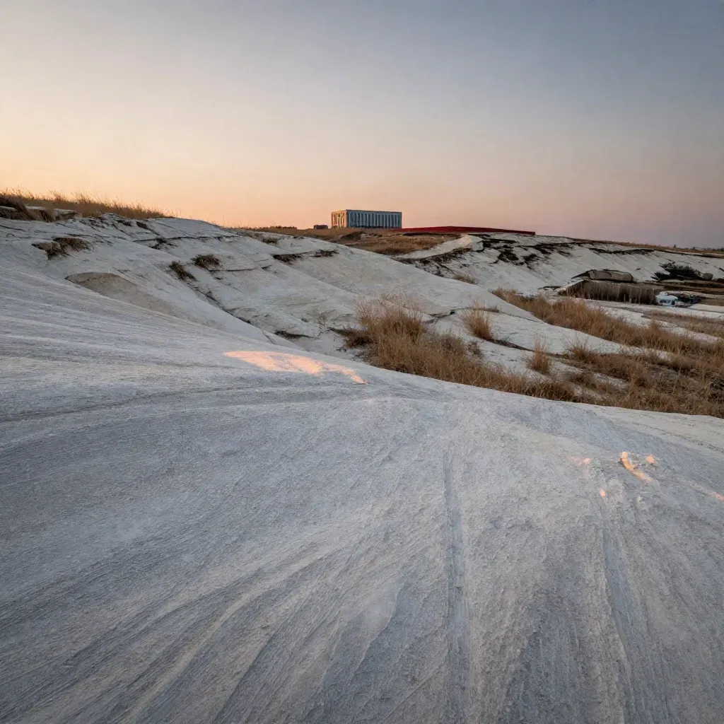 Pale stone slope with dry grasses and a distant office silhouette under a fading sunset sky.