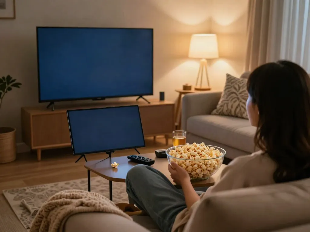 Enjoying JAV Subtitle Indonesia on a cozy home setup with popcorn and warm lighting.