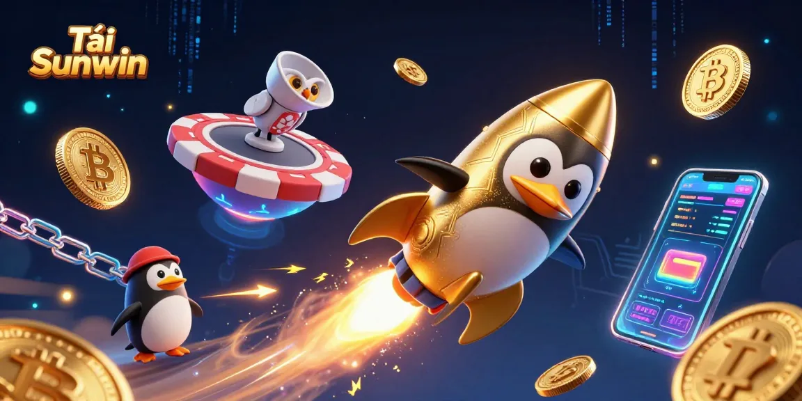 Tải Sunwin with a cartoon penguin launching towards a casino, surrounded by Bitcoin coins and vibrant gaming elements.