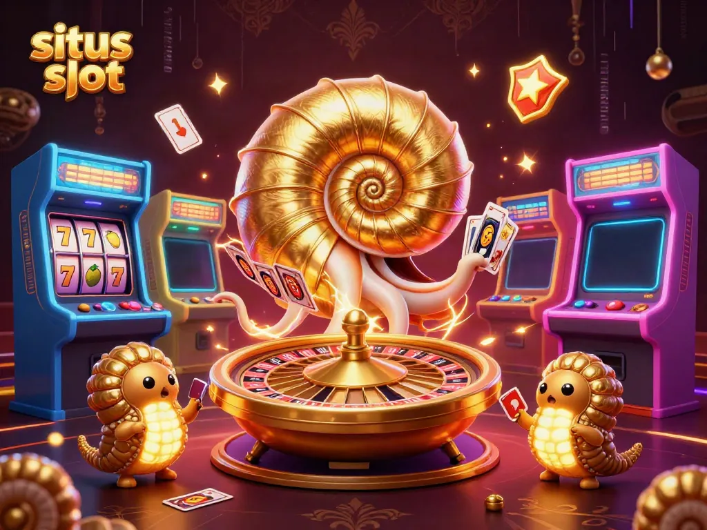Experience situs slot with dynamic 3D characters in a vibrant casino-themed illustration.