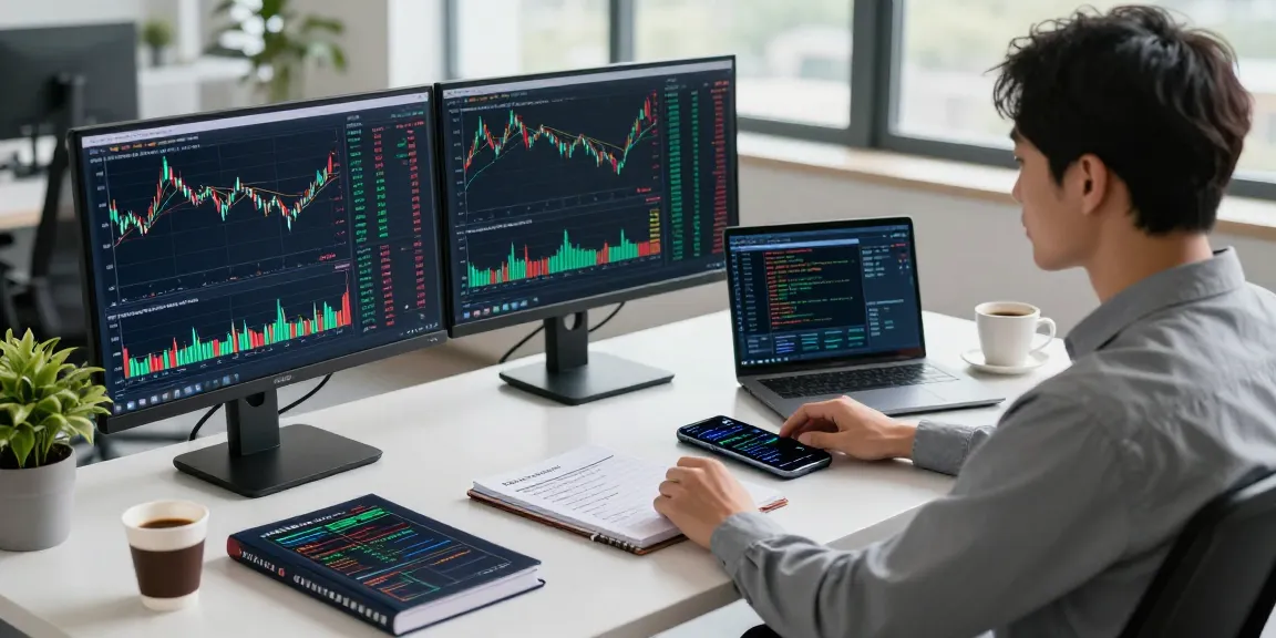 Trader using mt5 platform in a modern workspace with live market data and analysis tools.