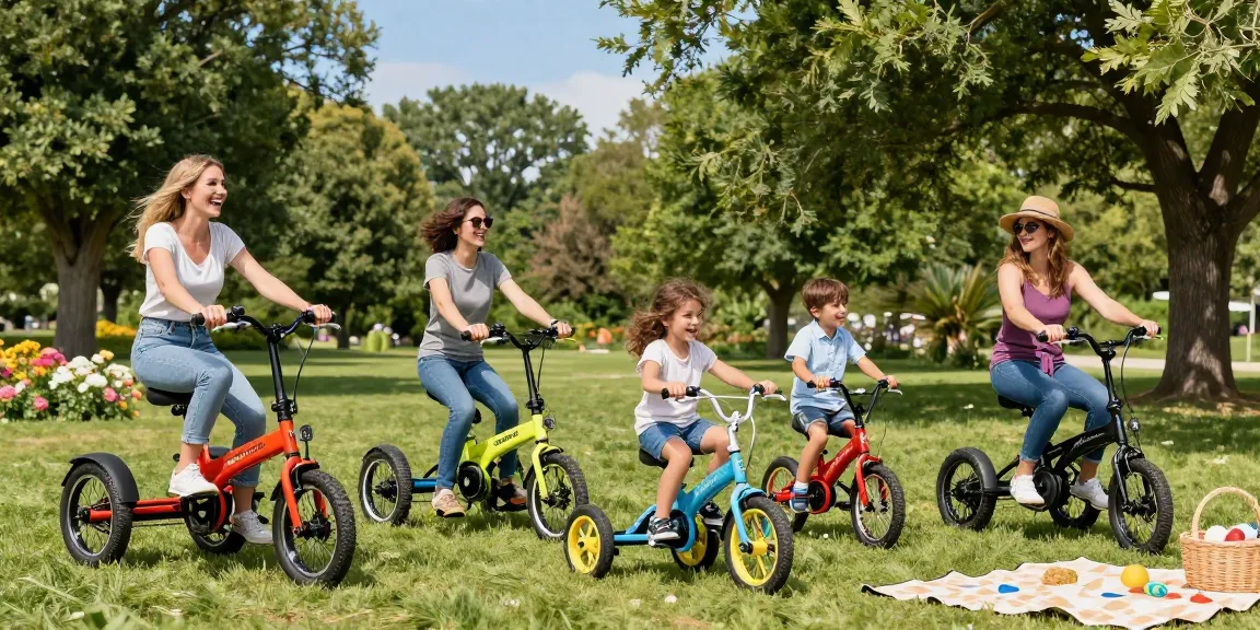 Families enjoying tricycles in a sunlit park, showcasing fun and active lifestyle.