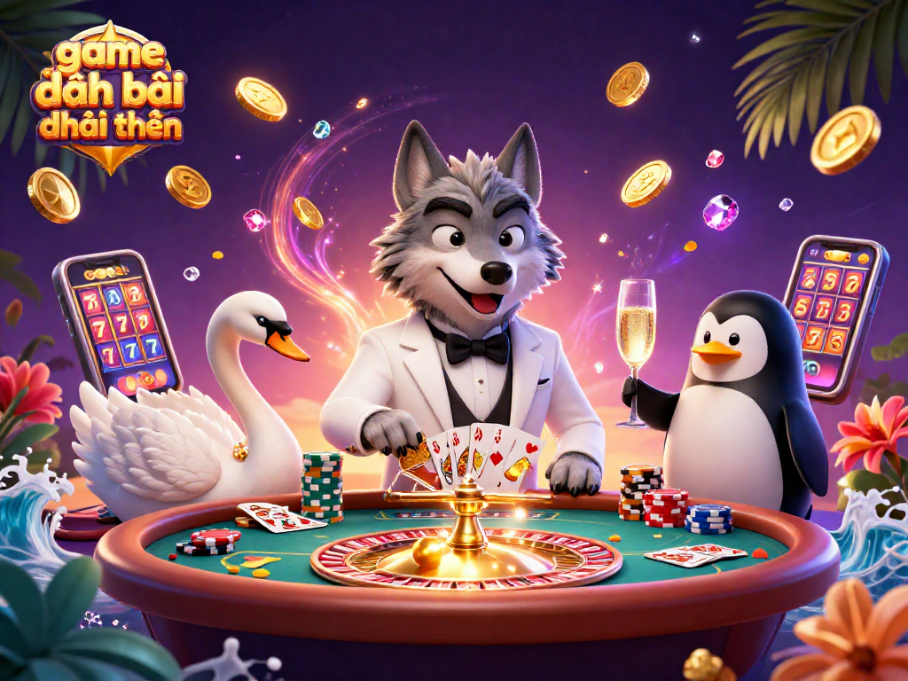 Experience game đánh bài đổi thưởng with dynamic characters and rich casino elements in this vibrant 3D illustration.
