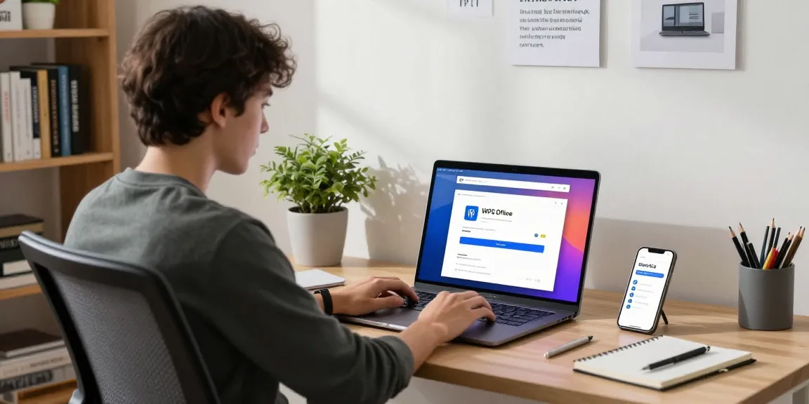 WPS Download setup in a stylish home office with a laptop displaying the software interface.