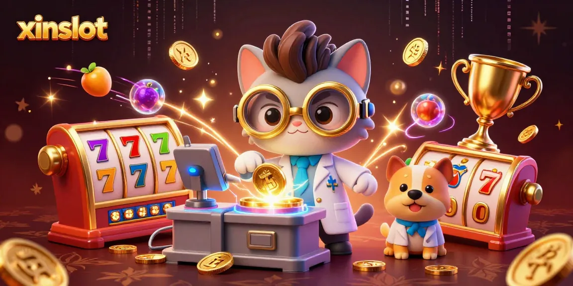 XINSLOT showcases a vibrant, dynamic 3D cartoon illustration of a cat scientist and dog assistant in a casino setting, illustrating lively gaming action.