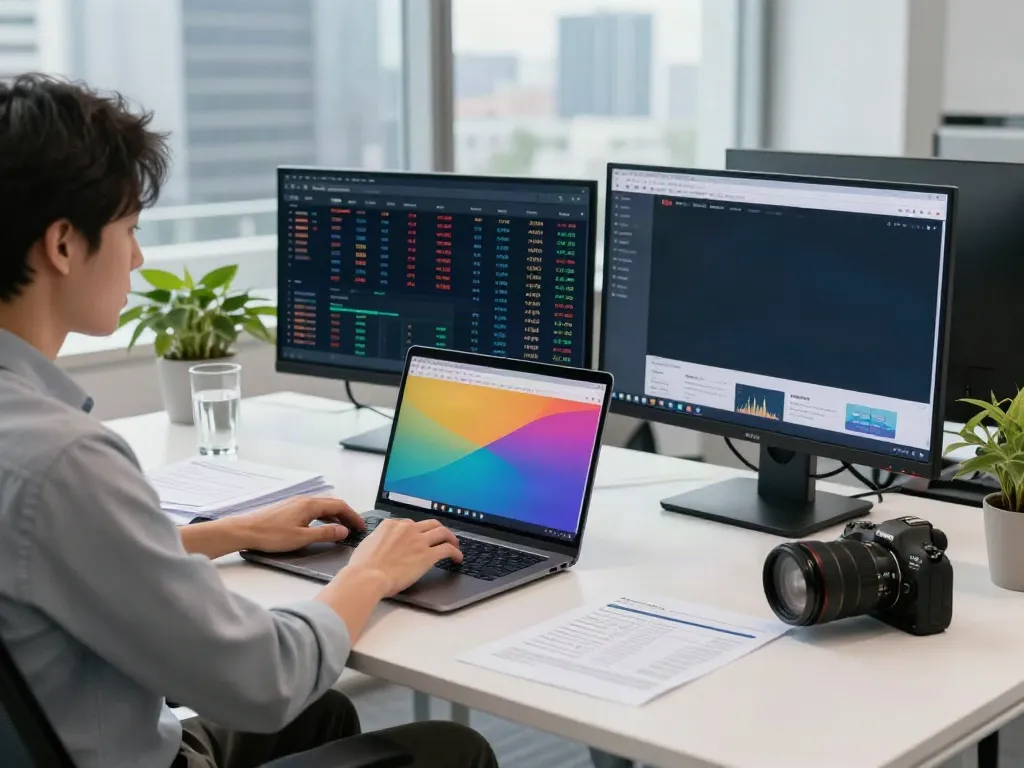Analyst using FintechZoom.com on a modern workspace desk with financial data.