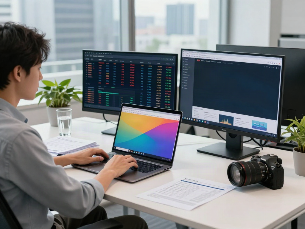 Analyst using FintechZoom.com on a modern workspace desk with financial data.