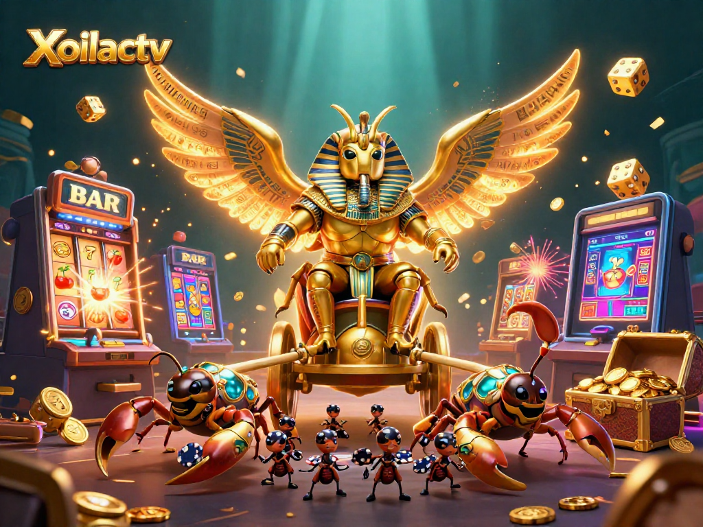 Xoilactv showcases a golden scarab chariot with scorpions in a vibrant casino explosion