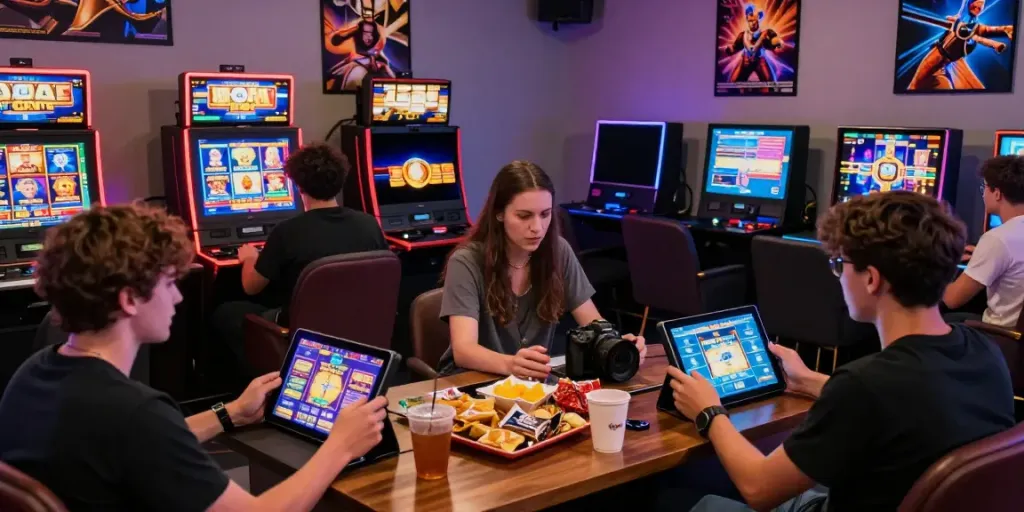 Players engaged in judi slot online gaming with colorful screens and a lively atmosphere.